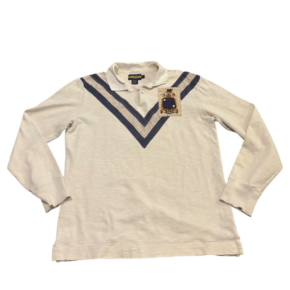 Ralph Lauren Rugby Mens Vintage Slim Fit Long Sleeve Polo Shirt Cream Large L